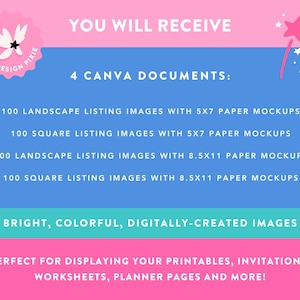 May include: Pink and blue graphic with text: "YOU WILL RECEIVE" and "4 CANVA DOCUMENTS:" listing image sizes with paper mockups. Includes "BRIGHT, COLORFUL, DIGITALLY-CREATED IMAGES". A Design Pixie logo is in the upper left corner.