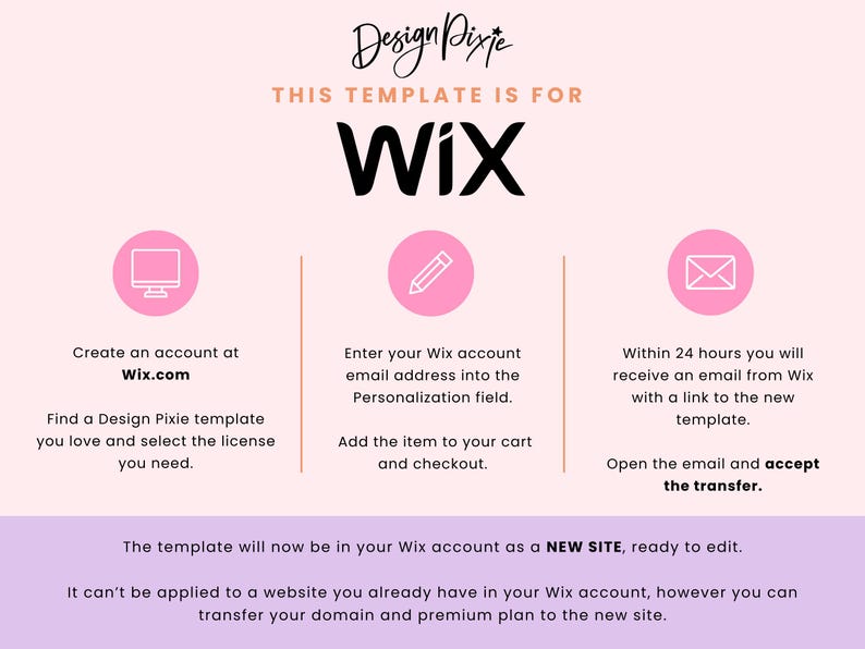 May include: Pink and white graphic with instructions on how to use a Wix website template. The graphic includes icons of a computer, pencil, and envelope. The text reads "This template is for Wix. Create an account at Wix.com. Find a Design Pixie template you love and select the license you need. Enter your Wix account email address into the Personalization field. Add the item to your cart and checkout. Within 24 hours you will receive an email from Wix with a link to the new template. Open the email and accept the transfer. The template will now be in your Wix account as a NEW SITE, ready to edit. It can't be applied to a website you already have in your Wix account, however you can transfer your domain and premium plan to the new site."