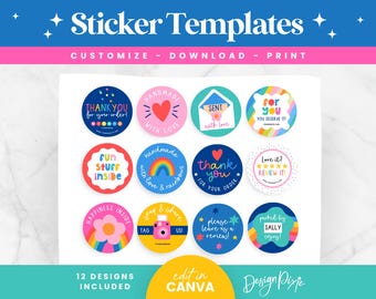 May include: A sheet of colorful sticker templates with various designs, including phrases like "Thank you," "Fun stuff inside," and "Love it?" The stickers are round with bright colors and playful fonts. The image also includes the text "Sticker Templates" and "Customize - Download - Print."