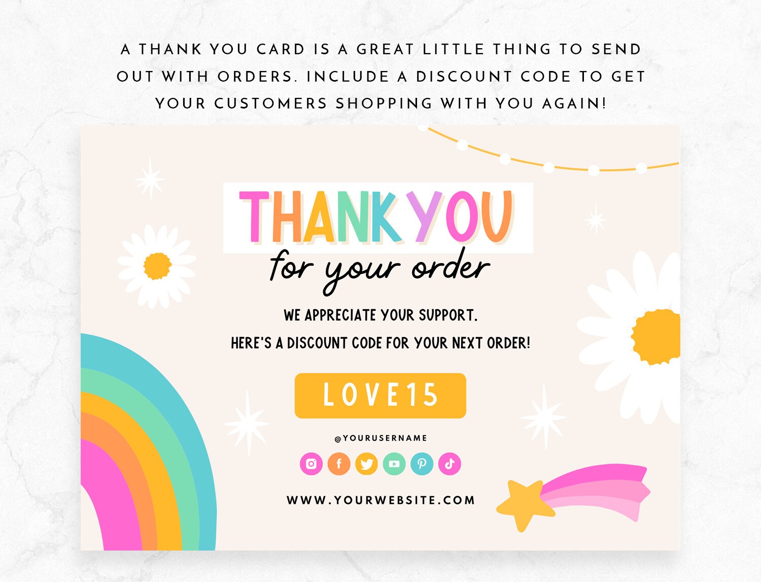 Rainbow Thank You Card Template - Canva Order Card - Rainbow Branding ...