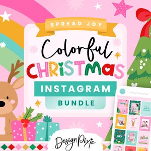Könnte beinhalten: Grafik eines farbenfrohen Weihnachts-Instagram-Bundles mit einem Rentier, einem Weihnachtsbaum und Geschenken. Der Text lautet "Spread Joy" und "Colorful Christmas Instagram Bundle". Ein Telefon zeigt verschiedene Instagram-Post-Vorlagen.
