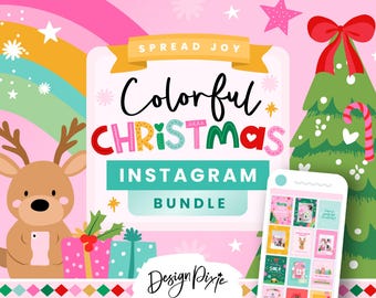 Colorful Christmas Instagram Templates - Cute Holiday Canva Templates for Posts, Stories, Captions and Highlight Covers - CH01 Design Pixie