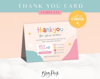 May include: A colorful thank you card template with the text "thankyou for your order" in a playful font. The card includes a 15% off discount code and a website address. The card is designed to be edited in Canva.