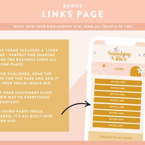 May include: A screenshot of a phone displaying a website with a links page. The website is called "The Sunshine Vibes" and has a yellow and white color scheme. The links page has a list of buttons with the text "Button Label" on each button. The text "Subscribe to our emails" is at the bottom of the page.