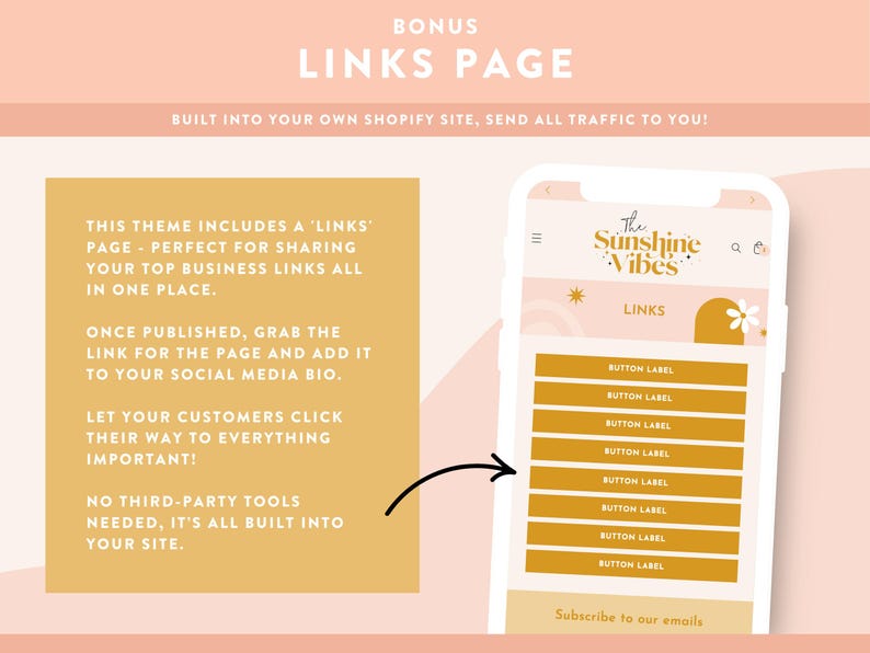 May include: A screenshot of a phone displaying a website with a links page. The website is called "The Sunshine Vibes" and has a yellow and white color scheme. The links page has a list of buttons with the text "Button Label" on each button. The text "Subscribe to our emails" is at the bottom of the page.