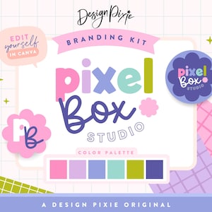 May include: A branding kit design featuring the text "pixel Box STUDIO" in pink, purple, blue, and green. The design includes a colour palette and the text "EDIT yourself IN CANVA". A Design Pixie original.