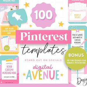 以下が含まれることがあります： ピンクと黄色のグラフィックで、「100 Pinterest テンプレート」と「ソーシャルメディアで目立つデジタル *AVENUE*」というテキストが書かれており、中小企業向けのピンアイデア25個のボーナスオファーが記載されています。