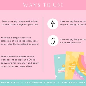 May include: A pink and white graphic with five numbered steps on how to use digital planner templates. The steps include saving as a jpg image for Instagram reels, stories, and Pinterest Idea Pins. The graphic also includes a sample of a Pinterest Idea Pin with the text "5 ways to do some amazing things" and "what's trending?"