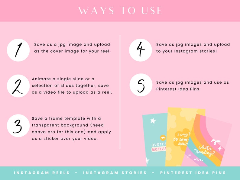 May include: A pink and white graphic with five numbered steps on how to use digital planner templates. The steps include saving as a jpg image for Instagram reels, stories, and Pinterest Idea Pins. The graphic also includes a sample of a Pinterest Idea Pin with the text "5 ways to do some amazing things" and "what's trending?"