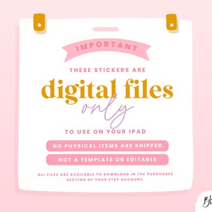 May include: A pink and white sign with the text "IMPORTANT THESE STICKERS ARE digital files only TO USE ON YOUR IPAD NO PHYSICAL ITEMS ARE SHIPPED NOT A TEMPLATE OR EDITABLE ALL FILES ARE AVAILABLE TO DOWNLOAD IN THE PURCHASES SECTION OF YOUR ETSY ACCOUNT." The sign is attached to a pink background with the text "Blog Pixje" in the bottom right corner.