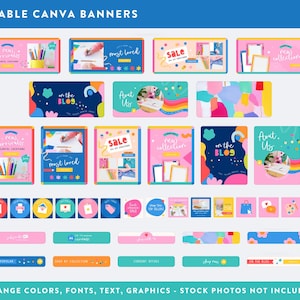 May include: A collection of colorful Canva banner templates with text like "New Arrivals," "Most Loved," and "Sale." The designs feature various graphics, including pencils, stars, and abstract shapes. The text "Editable Canva Banners" is at the top.