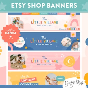 Puede incluir: Cuatro plantillas de banner de tienda Etsy con formas abstractas y  ilustraciones coloridas. Los banners anuncian "The Little Village Kids Boutique" con el texto "follow us at" y "0% off 5 items at checkout".
