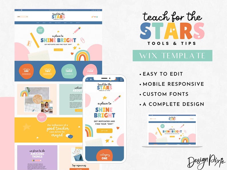 Websitesjabloon docent Wix - regenboogkleurig kleurrijk Wix websiteontwerp - websitesjabloon onderwijs - Wix blogthema klaslokaal - TC01 Blog Pixie afbeelding 3