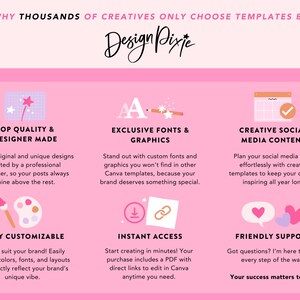 May include: A pink graphic advertising DesignPixie templates, highlighting features such as top quality, exclusive fonts, creative social media content, and instant access. The DesignPixie logo is displayed prominently in the centre.