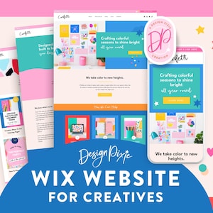 Könnte beinhalten: Eine farbenfrohe Grafik, die ein Website-Design für Kreative präsentiert. Das Design zeigt ein Handy-Mockup und mehrere Website-Seiten-Mockups mit dem Text "Confetti" und "Design Pixie". Der Text "WIX WEBSITE FOR CREATIVES" ist ebenfalls sichtbar.