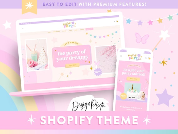 Pastel Party Shopify Theme - Ecommerce Website Template for Party Supplies, Favors, Balloons, Decor, Event Store Branding PS01 Design Pixie
