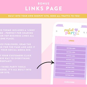 May include: A pastel pink and yellow graphic promoting a 'Links Page' for a Shopify site. The image includes a phone screen displaying a 'Links' page with button labels, and text explaining the feature.