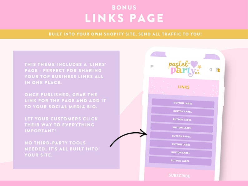 May include: A pastel pink and yellow graphic promoting a 'Links Page' for a Shopify site. The image includes a phone screen displaying a 'Links' page with button labels, and text explaining the feature.