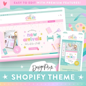 Craft Shopify-thema - Pastel regenboogontwerp voor ambachtelijke, handgemaakte, creatieve winkel - Kleurrijke e-commercewebsite, esthetiek - CR01 Design Pixie