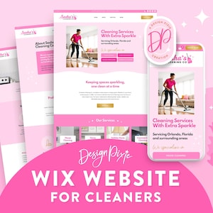 Puede incluir: Un diseño de sitio web rosa y blanco para un servicio de limpieza llamado "Sasha's Cleaning Co.". El sitio web presenta una foto de una mujer aspirando y el texto "Cleaning Services With Extra Sparkle". El sitio web está diseñado para ser utilizado tanto en computadoras de escritorio como en dispositivos móviles.