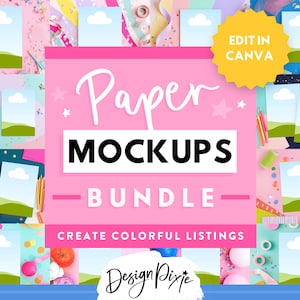 May include: A vibrant image showcasing a "Paper Mockups Bundle" with the text "Edit in Canva" and "Create Colorful Listings." The design features multiple mockups with a sky and landscape design, surrounded by colorful craft supplies and decorations.