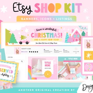 May include: A digital Etsy Shop Kit design with banners, icons, and listings. The design features a Christmas theme with pink, green, and pastel colors. The text includes "Etsy Shop Kit", "Christmas", and "Reserved for Ashley".