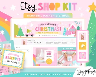 Pastel Christmas Etsy Shop Kit - Playful Branding - Cute Colorful Etsy Banners - Canva Templates - Listing Mockups - CH01 Design Pixie
