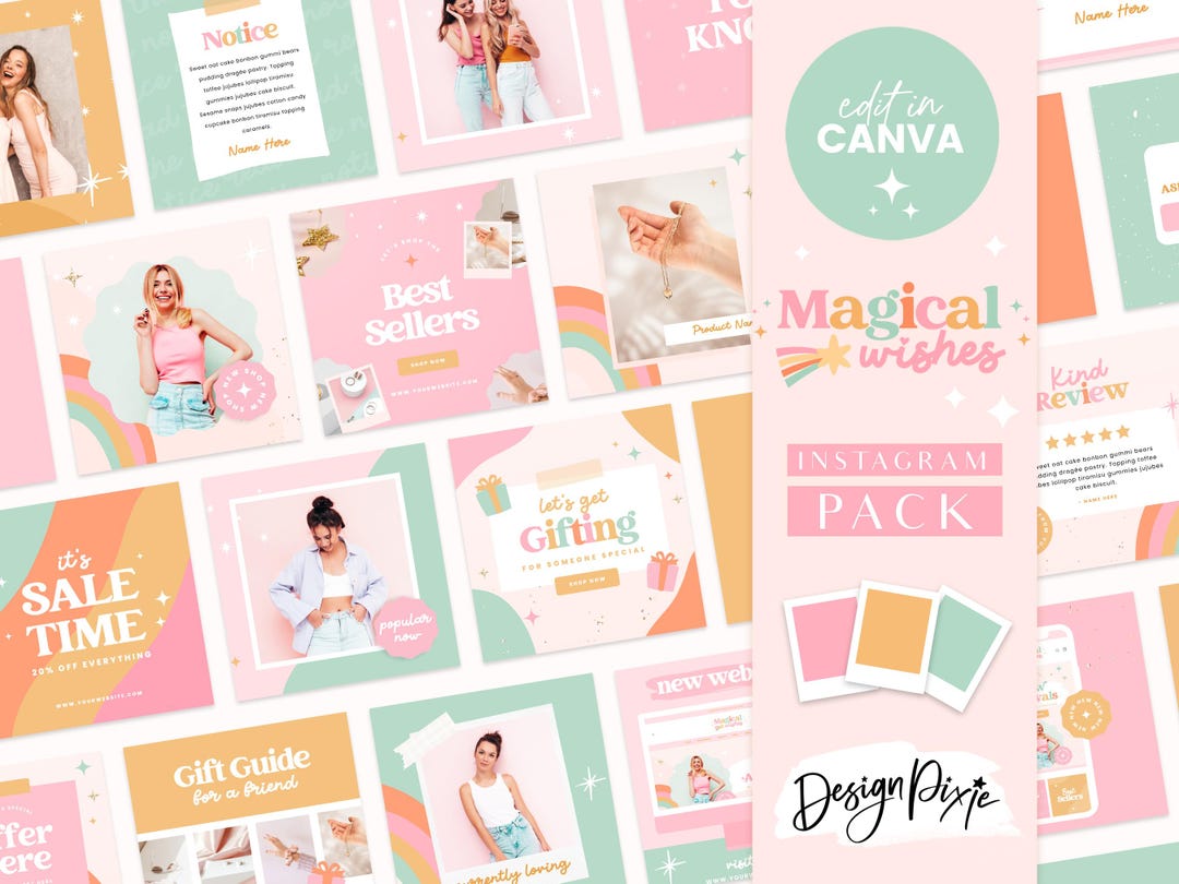 Instagram Post Templates Canva - Pastel Rainbow Pink Instagram Bundle ...