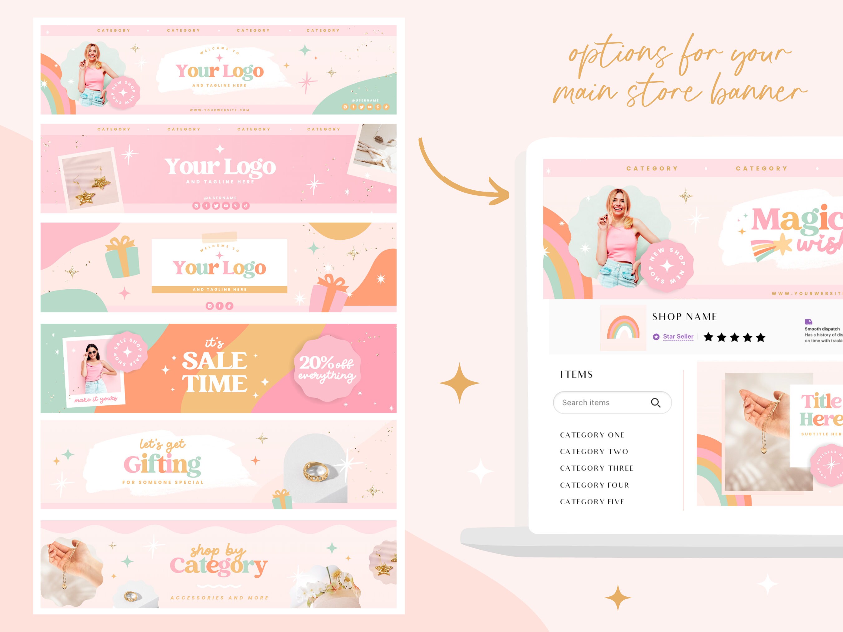 Etsy Shop Kit Pink Rainbow - Etsy Banner Templates Canva - Etsy Store ...