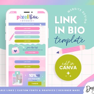 Könnte beinhalten: Ein Smartphone-Bildschirm zeigt eine Vorlage "Link in Bio" in Pastellfarben. Das Design umfasst anklickbare Links, benutzerdefinierte Schriftarten und Grafiken. Die Vorlage kann in Canva bearbeitet werden.