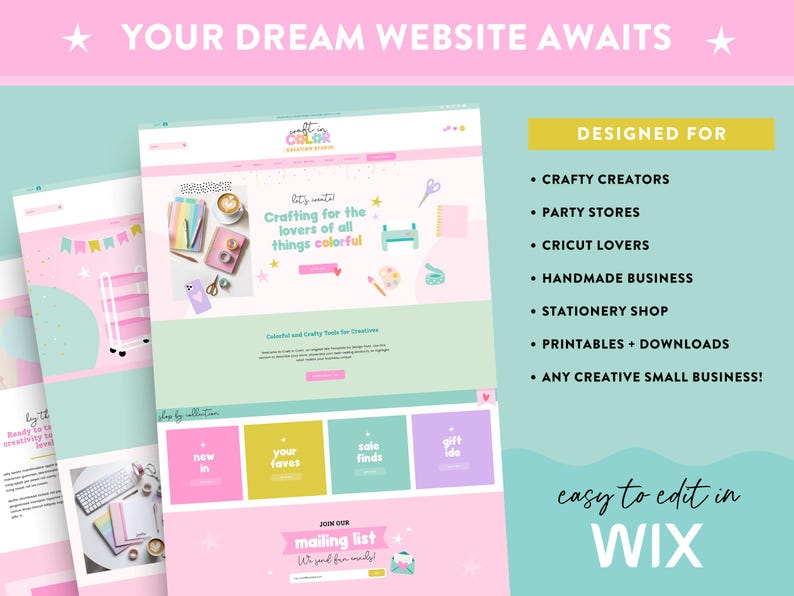 Creative and modern Wix template with bold colors and a fun layout, perfect for selling digital and physical products, running a blog, and showcasing your brand.