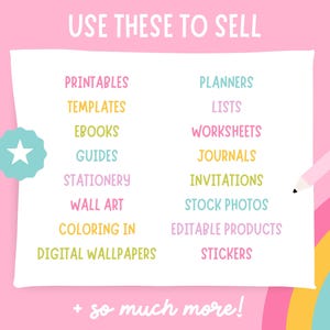 May include: A pink background with a white rectangle containing a list of digital products to sell on Etsy. The list includes printables, templates, ebooks, guides, stationery, wall art, colouring pages, digital wallpapers, planners, lists, worksheets, journals, invitations, stock photos, editable products, and stickers. The text "USE THESE TO SELL" is at the top of the rectangle. The text "+ so much more!" is at the bottom of the rectangle. A rainbow and a pencil are in the bottom right corner of the image.