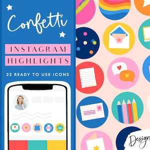 Op de afbeelding: Een digitale afbeelding met het woord "Confetti" in een scriptlettertype, met de tekst "Instagram Highlights" en "32 Ready to Use Icons". De afbeelding bevat een telefoonbeeldscherm-mockup en kleurrijke cirkelvormige pictogrammen.