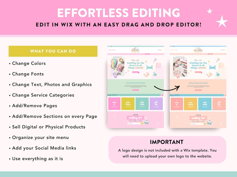 May include: A screenshot of a Wix website template for a crafting business. The template features a colorful design with a pink, green, and yellow color scheme. The text on the website reads "Crafting for the lovers of all things colorful". The website also includes a section for selling products and a section for adding social media links.