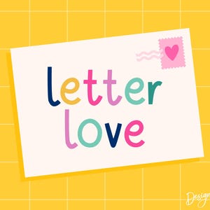 May include: A cream-coloured envelope with the words "letter love" in colourful, playful lettering. A pink stamp with a heart and wavy lines is in the upper right corner. The background is a yellow grid pattern.