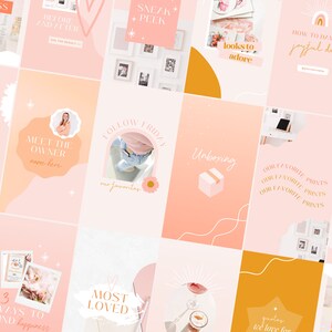 May include: A pink and orange aesthetic social media grid with text overlays. The grid includes images of flowers, a woman, a gift box, and a coffee cup. The text includes phrases like "Weekend Activities", "Meet the Owner", "Follow Friday", "Unboxing", and "Most Loved".
