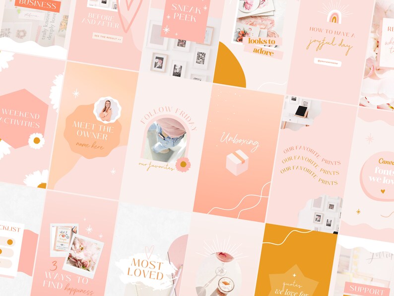 May include: A pink and orange aesthetic social media grid with text overlays. The grid includes images of flowers, a woman, a gift box, and a coffee cup. The text includes phrases like "Weekend Activities", "Meet the Owner", "Follow Friday", "Unboxing", and "Most Loved".