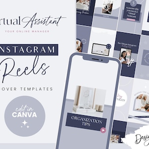 Könnte beinhalten: Ein digitales Marketing-Design mit Instagram Reels-Cover-Vorlagen. Das Design enthält den Text "Virtual Assistant" und "Instagram Reels Cover Templates". Ein Smartphone zeigt eine Vorlage mit den Worten "Organization Tips". Das Design verwendet eine Farbpalette aus Weiß, Marineblau und Rosa.