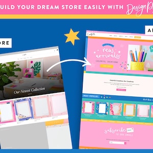 K&ouml;nnte beinhalten: Ein Vorher-Nachher-Vergleich eines Website-Designs. Das "Vorher"-Bild zeigt eine Website mit neutraler Farbpalette. Das "Nachher"-Bild zeigt eine leuchtend rosa Website mit dem Text "new arrivals" und "colorful creations".