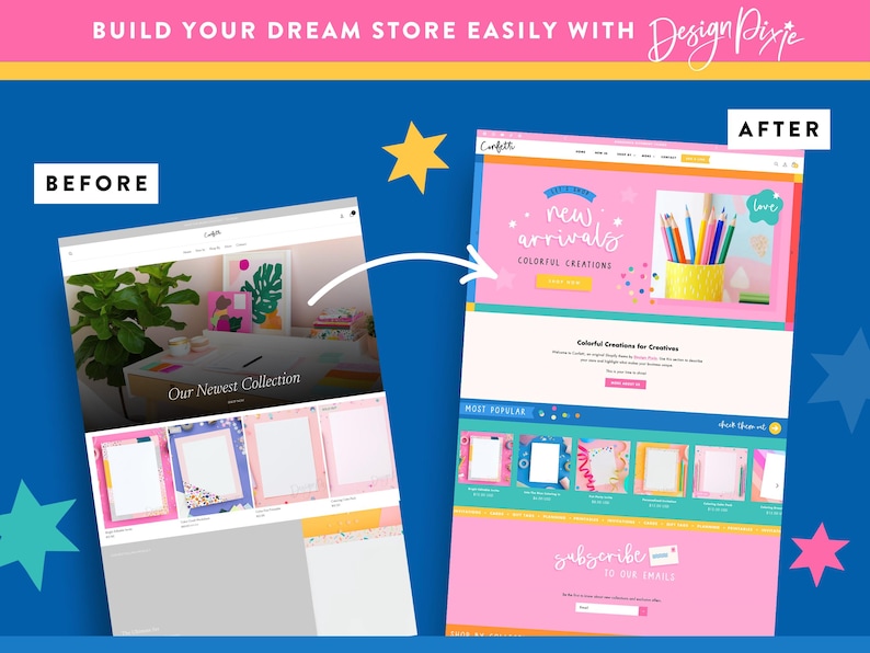 K&ouml;nnte beinhalten: Ein Vorher-Nachher-Vergleich eines Website-Designs. Das "Vorher"-Bild zeigt eine Website mit neutraler Farbpalette. Das "Nachher"-Bild zeigt eine leuchtend rosa Website mit dem Text "new arrivals" und "colorful creations".