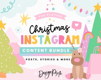 Playful Christmas Instagram Bundle - Pastel Rainbow Canva Templates - Festive Posts, Stories, Highlights - Holiday PF01 CH01 Design Pixie