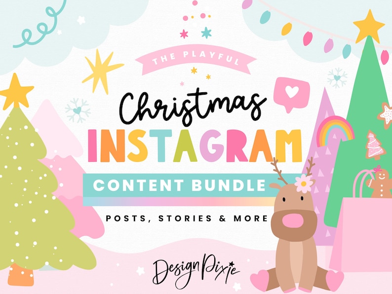 Playful Christmas Instagram templates bundle with festive posts, stories and highlights to edit in Canva
