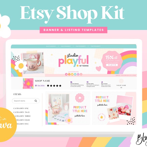 Etsy Shop Templates Rainbow - Etsy Banner Templates Canva - Etsy Store Listing Design - Etsy Seller - Colorful Branding - PF01 - Blog Pixie