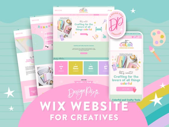 Craft Wix Website Template - Creative Website Design - Pastel Rainbow Branding - Wix Blog Shop Theme - Pink Web Design - CR01 Design Pixie