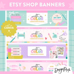May include: Four Etsy shop banner templates with a pastel color scheme. Each banner features the text "craft in color creation studio" and a different design element, including a sewing machine, paintbrushes, a notebook, and a paint palette. The text "edit in Canva" is also included on the banners.