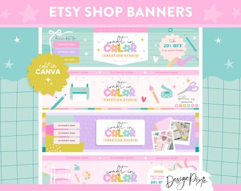 May include: Four Etsy shop banner templates with a pastel color scheme. Each banner features the text "craft in color creation studio" and a different design element, including a sewing machine, paintbrushes, a notebook, and a paint palette. The text "edit in Canva" is also included on the banners.