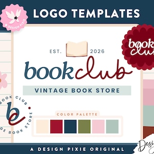 May include: Logo templates for a vintage book store, featuring the text "book club" in a script font. The design includes a color palette and a floral accent. The text "Vintage Book Store" is also included.
