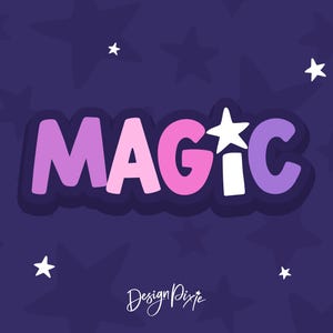 May include: A graphic design featuring the word "MAGIC" in a playful, bubble-style font with a star replacing the letter "I". The letters are shaded in shades of pink and purple, outlined in dark blue, and set against a dark blue background with star shapes.