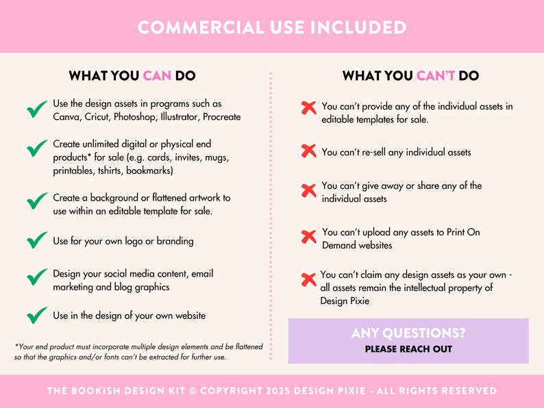 May include: A commercial use license graphic with a pink header and light pink background. The left side lists permitted uses with green checkmarks, while the right side lists prohibited uses with red x marks. Text includes 'COMMERCIAL USE INCLUDED', 'WHAT YOU CAN DO', 'WHAT YOU CAN'T DO', and 'ANY QUESTIONS? PLEASE REACH OUT'.