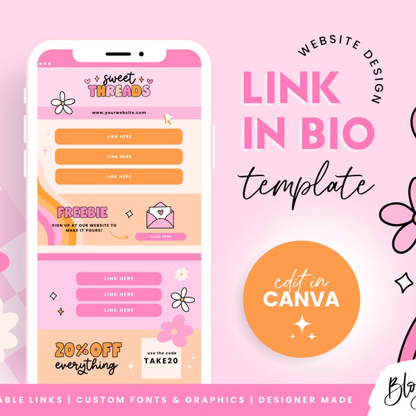 Link in Bio Template Canva - Pink Links Website - Instagram Landing Page - Canva Website Template - Social Media Website - ST01 - Blog Pixie